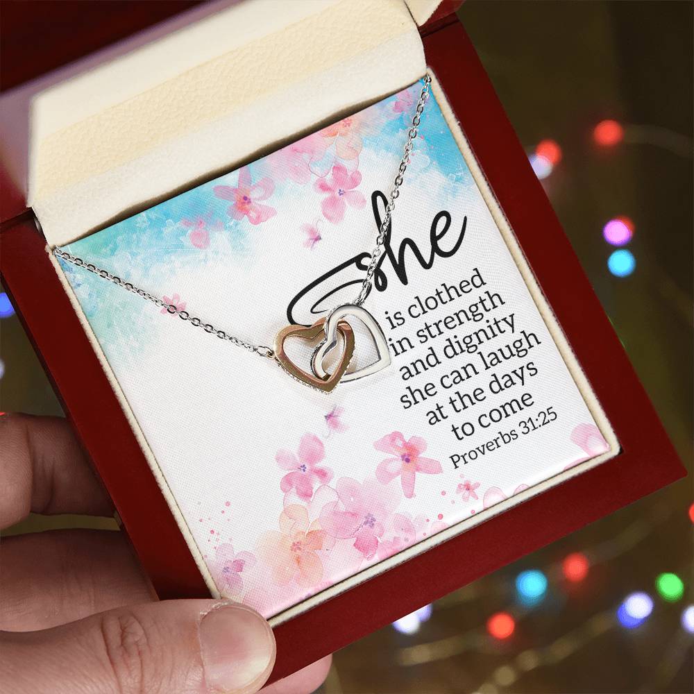 Proverbs 3125 - She Is Clothed Interlocking Hearts Necklace