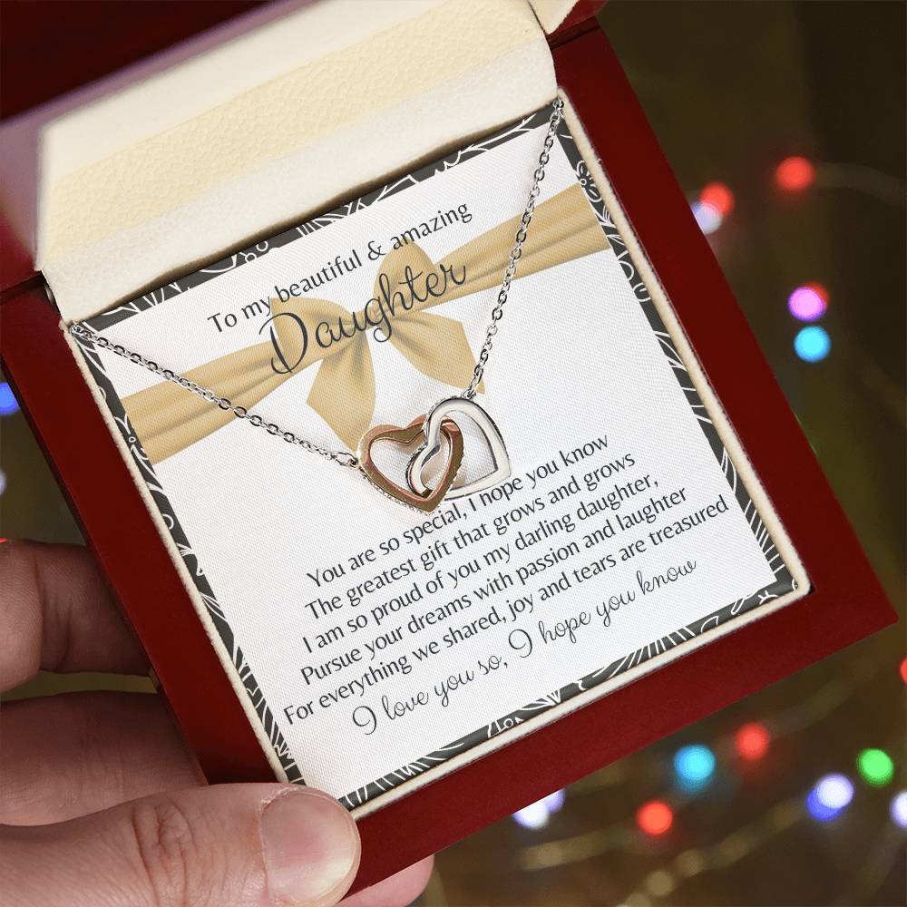 To My Beautiful Daughter 2 Hearts - Exclusive Offer Ribbon Interlocking Hearts Necklace