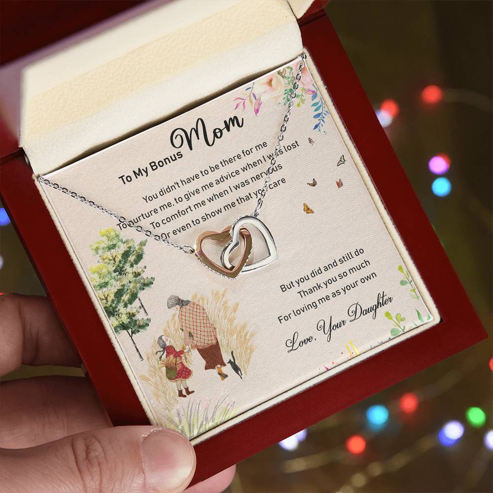 To My Bonus Mom Interlocking Hearts Necklace Mother'S Day Message Card Gift From Bonus Daughter