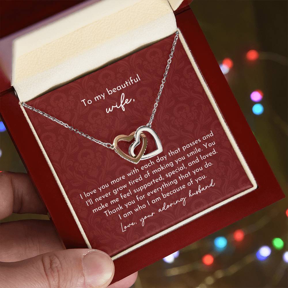 To Beautiful Wife Interlocking Hearts Necklace Minimalist Burgundy