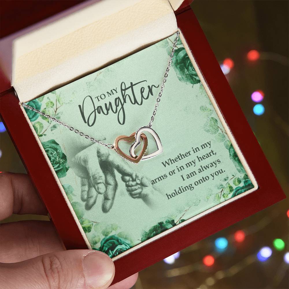 To My Daughter Holding Onto You. Artisan Zirconia Necklace Interlocking Hearts Necklace