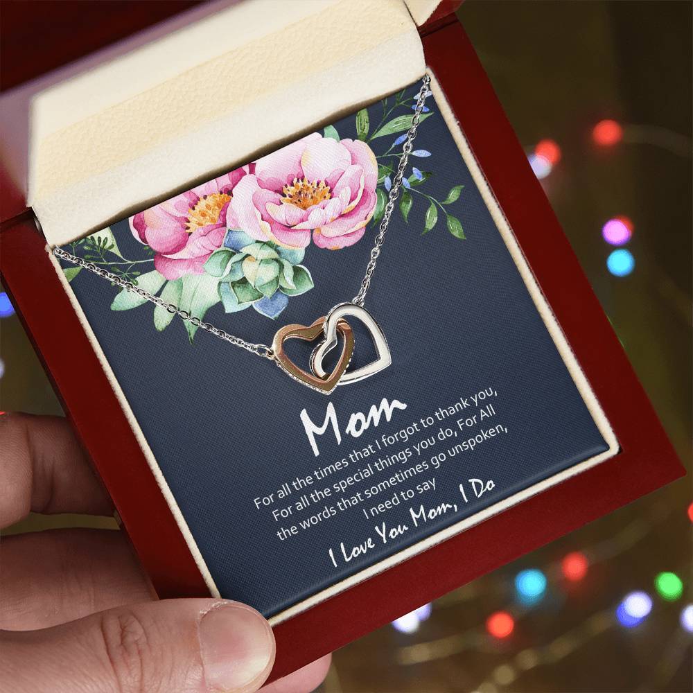 Love You Mom Blue With Hearts Interlocking Hearts Necklace