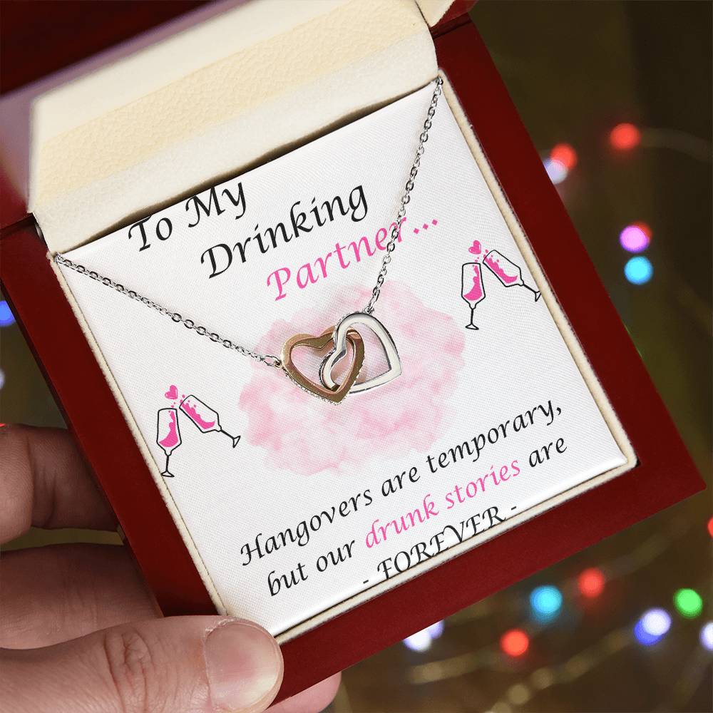 To My Drinking Partner Interlocking Hearts Necklace Message Card