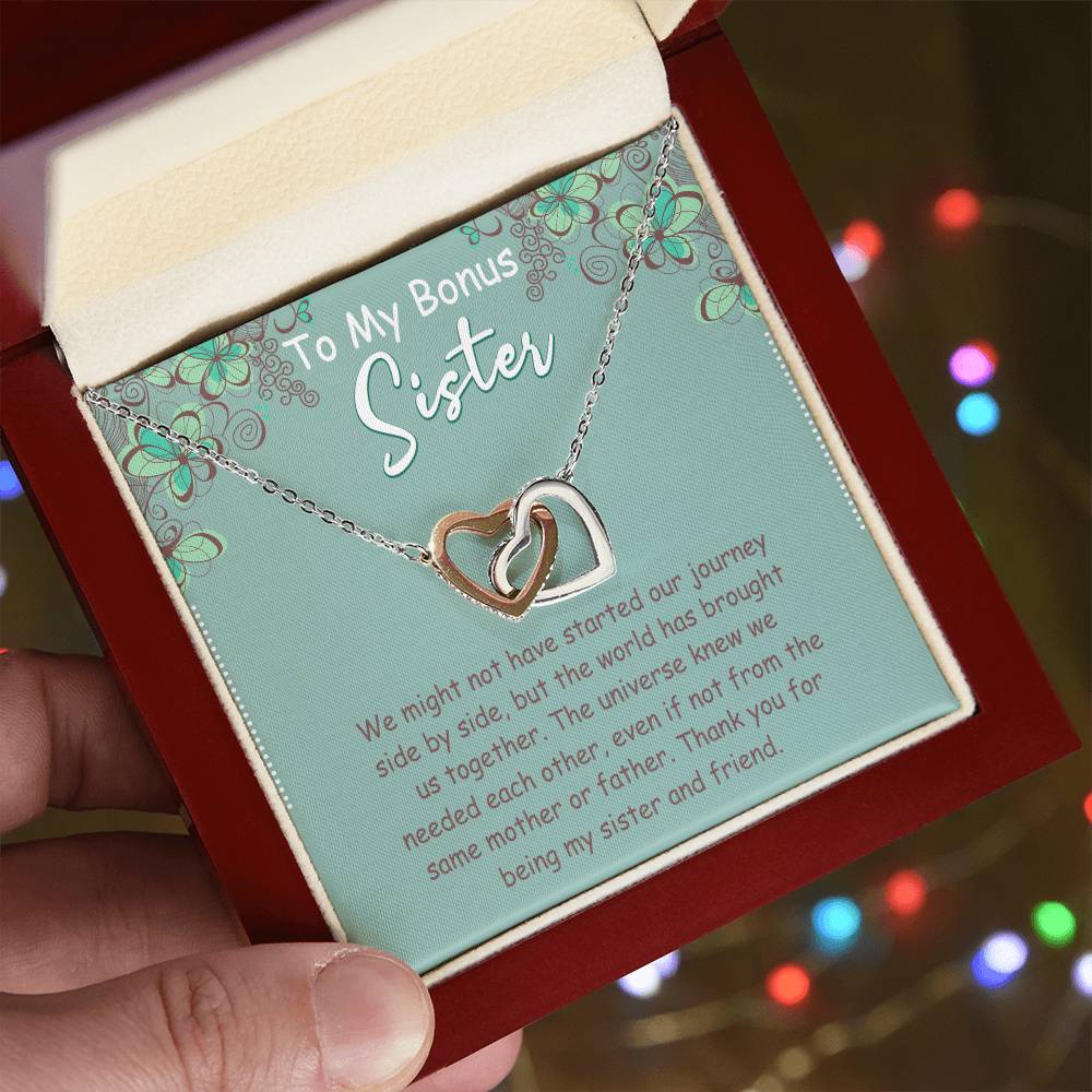 To My Bonus Sister Interlocking Hearts Necklace Message Card