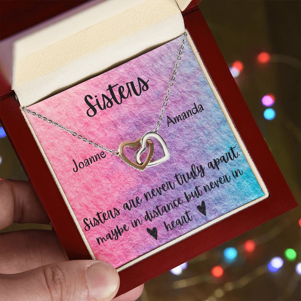 Sisters - Interlocking Necklace - Rainbow Background - Personalized Interlocking Hearts Necklace