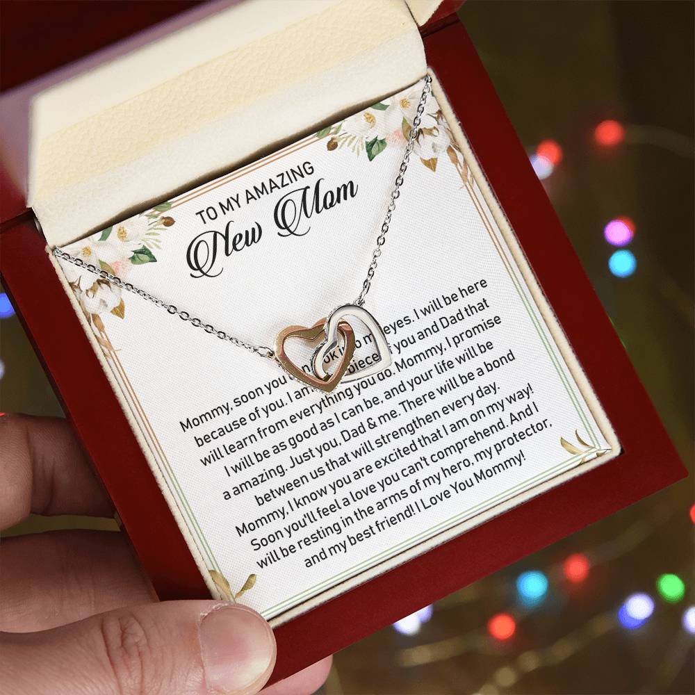 To My Amazing New Mom Interlocking Hearts Necklace Message Card