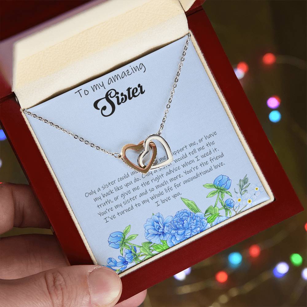 To My Amazing Sister - Blue Interlocking Hearts Necklace