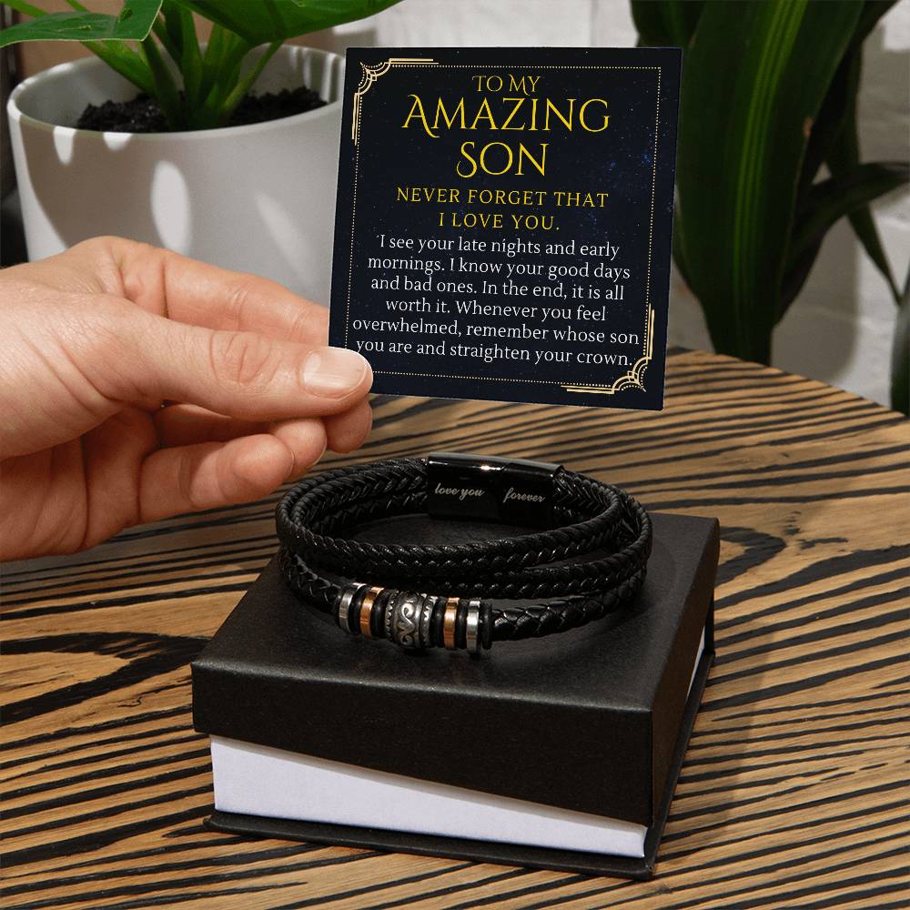 To My Amazing Son Gift, Straighten Your Crown Encouragement Men Bracelet - Love You Forever Bracelet