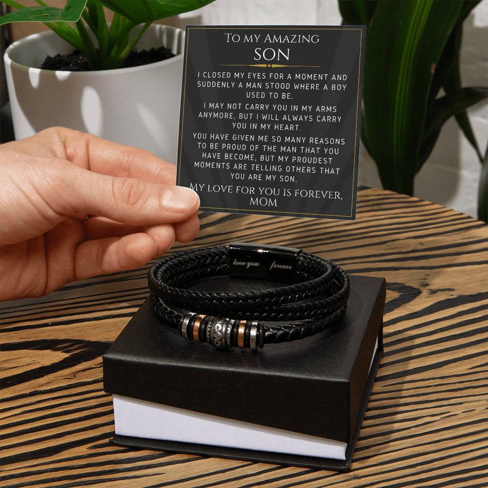 Leather Bracelet For Your Son From Mom- Gift For Birthday, Christmas, Graduation, Confirmation, Father's Day - Love You Forever Bracelet