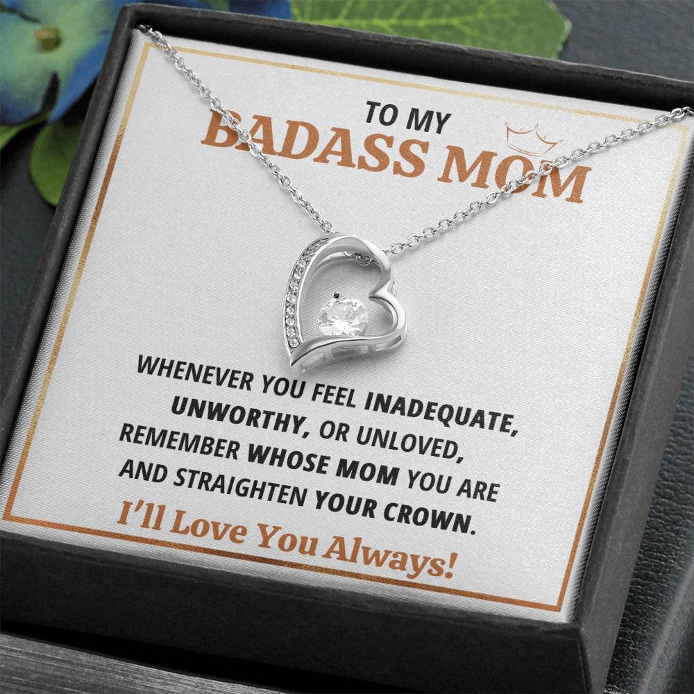 To My Badass Mom Crown Heart Necklace Gift Set Forever Love Necklace