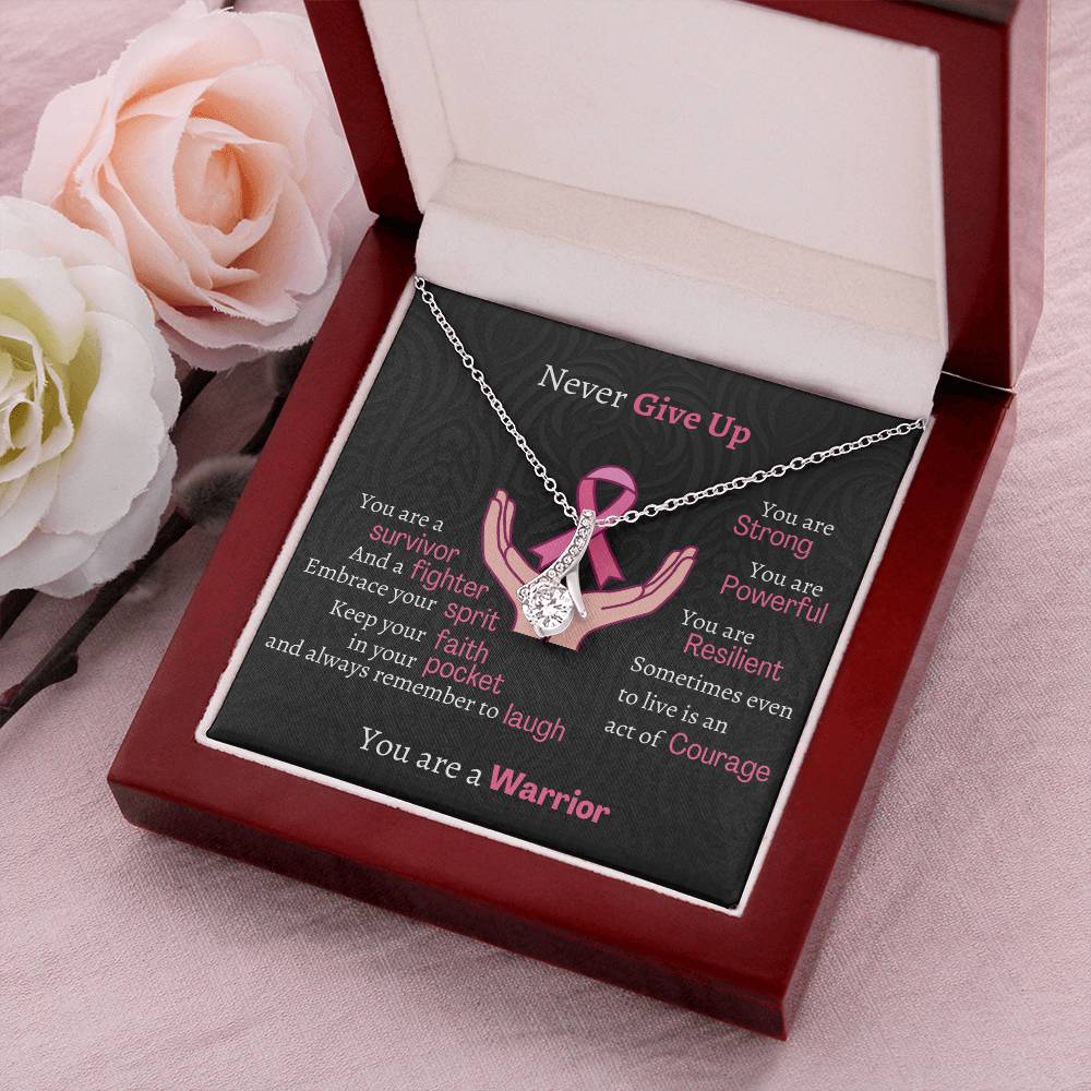 Brest Cancer Warrior Necklace- Pink Ribbon Awareness White Gold Alluring Beauty Necklace