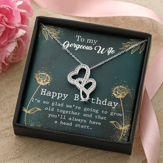 To My Gorgeous Wife - Happy Birthday Gift -  Double Hearts Necklace