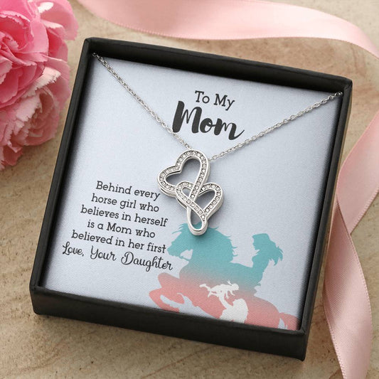 To Mom I Believe Thanks To You 14K  White Gold Cubic Ziconian Diamonds Necklace Double Hearts Necklace