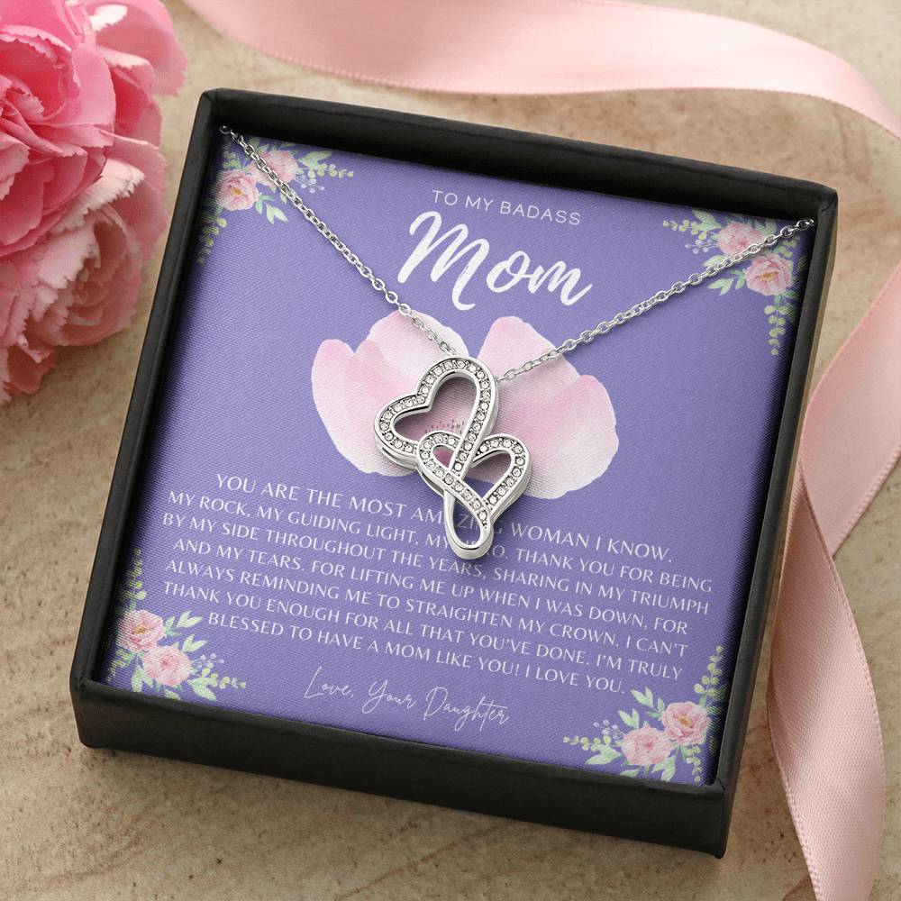 Badass Mom Gift  To My Badass Mom Necklace  Mother’S Day Gift  Daughter To Mom Gift  Gift From Daughter To Mom On Wedd Double Hearts Necklace