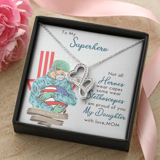 My Superhero Nurse Daughter Interlocking  Double Hearts Necklace
