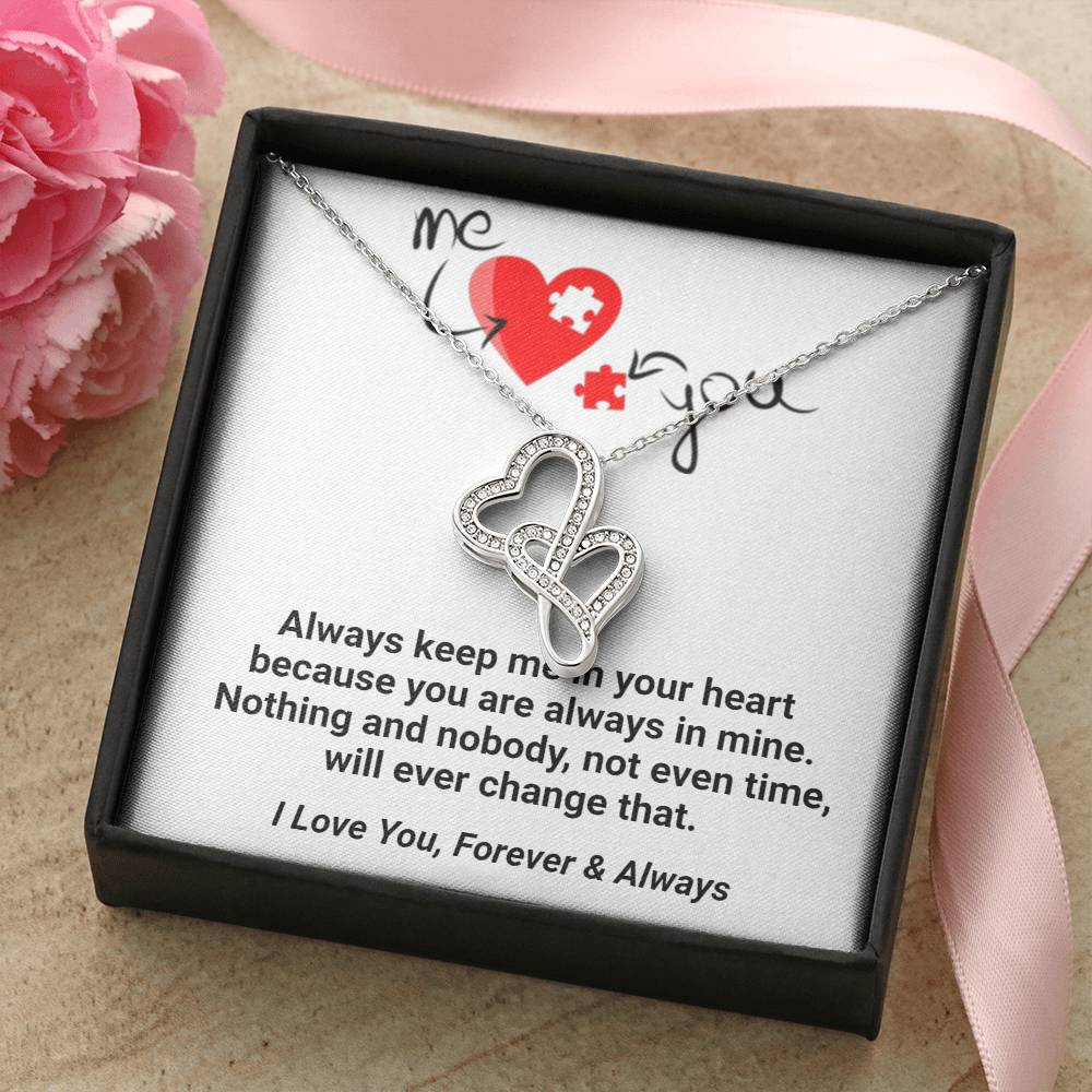 Me & You Forever & Always Double Hearts Engraved Necklace Stunning Sparkling Double Hearts Necklace