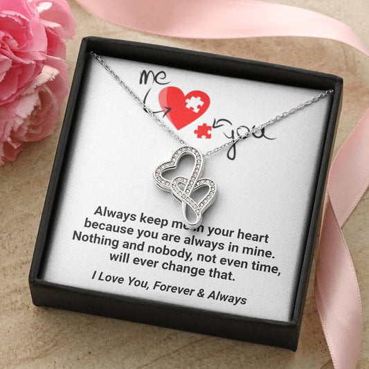 Me & You Forever & Always Double Hearts Engraved Necklace Stunning Sparkling Double Hearts Necklace