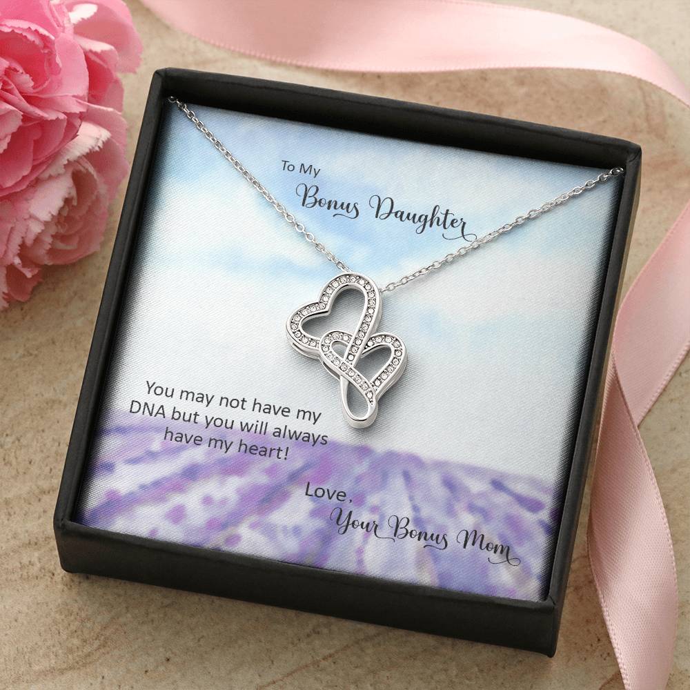 Bonus Daughter From Bonus Mom No Dna But You Have My Heart  3 Double Hearts Necklace