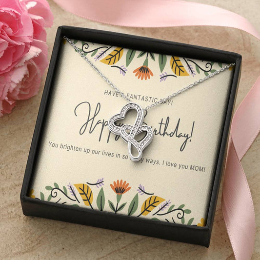 Mom Birthday Gift Mom Birthday Jewelry Mom Necklace Or Bracelet Happy Birthday Mom Message Card Quote Rose Silver Double Hearts Necklace