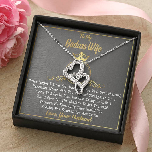 To My Badass Wife Birthday Gift Wife Anniversary Necklace Crystal Heart Golden Crown Necklace Gift - Valentines Day Gi Double Hearts Necklace