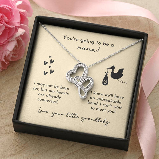 Nana To Be Birth Announcement Double Hearts  Yellow Stork Double Hearts Necklace