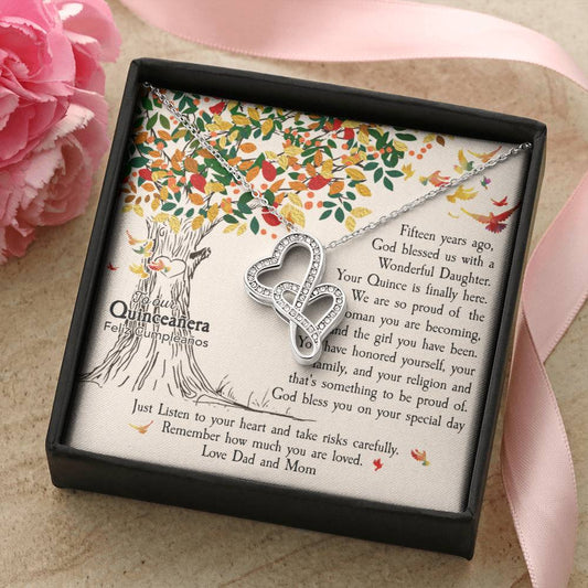 Quinceañera Feliz Cumpleaños Happy Birthday  Double Hearts Necklace