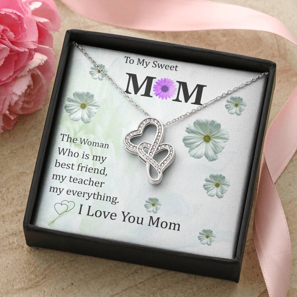 To My Sweet Mom With Pod Message Cards Gift For Mom. Double Hearts Necklace