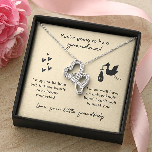 Grandma To Be Birth Announcement Double Hearts  Yellow Stork Double Hearts Necklace