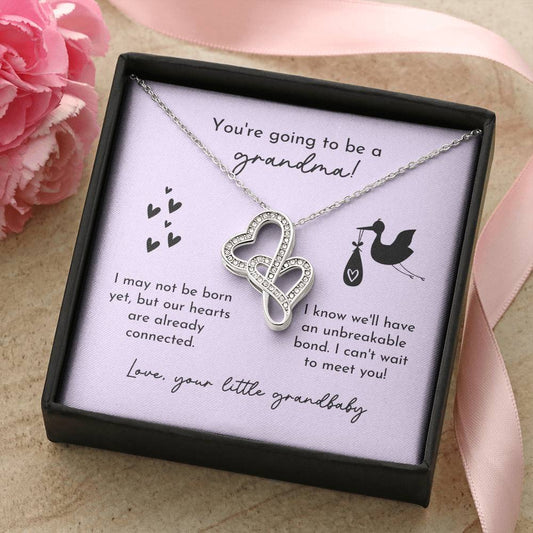 Grandma To Be Birth Announcement Double Hearts  Lavender Stork Double Hearts Necklace