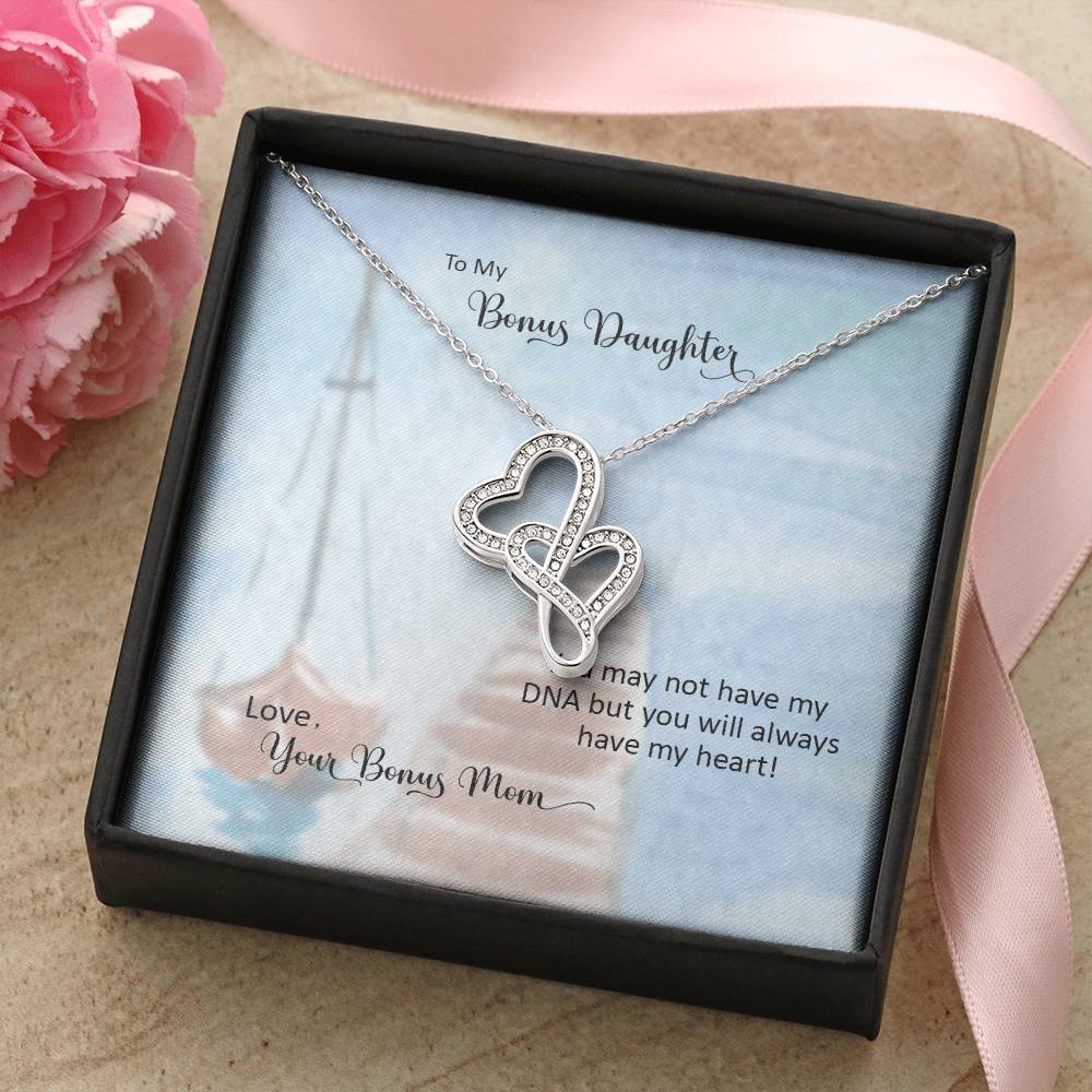 Bonus Daughter From Bonus Mom No Dna But You Have My Heart  5 Double Hearts Necklace