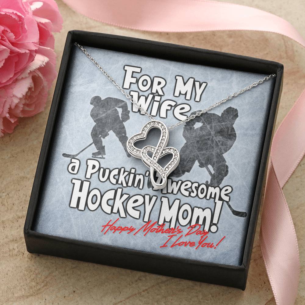 Hockey Mom Necklace - Puckin' Awesome Hockey Mom - Happy Mothers Day - Hockey Mom Necklace Hockey Jewelry Hockey Gifts Double Hearts Necklace