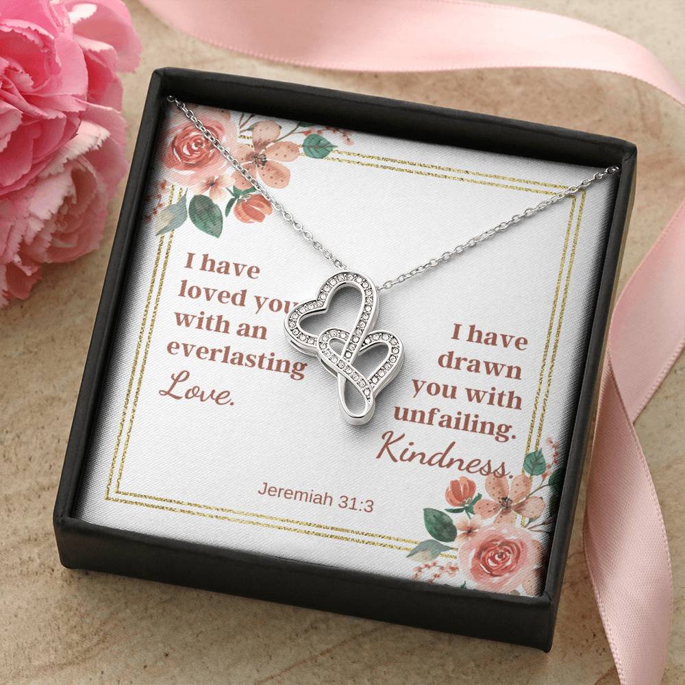 S With A Bible Verse Card - Jeremiah 313 Double Hearts Necklace
