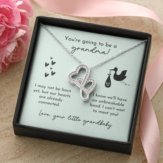 Grandma To Be Birth Announcement Double Hearts  Mint Stork Double Hearts Necklace