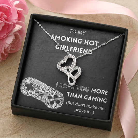 I Love You More Than Gaming - 14K White Gold Plated Joined Hearts Necklace For Girlfriend Double Hearts Necklace