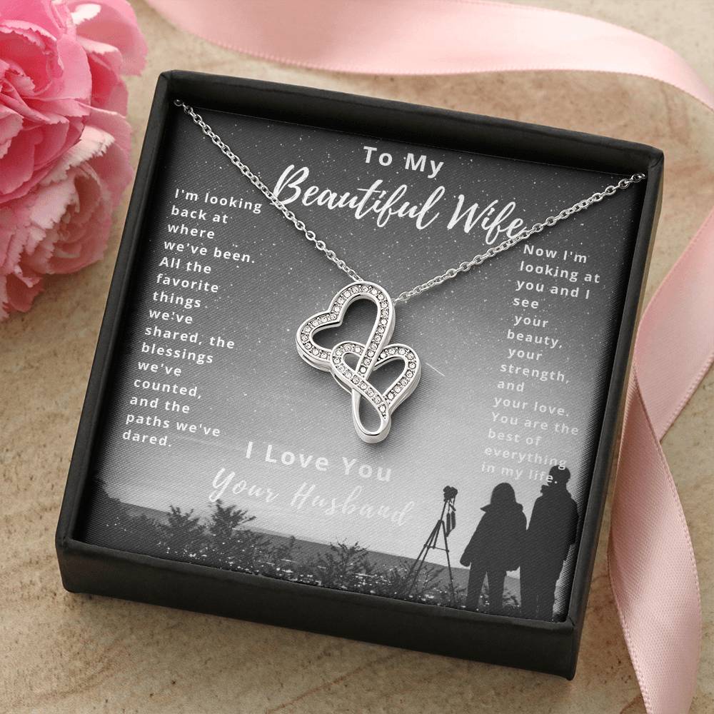 To My Beautiful Wife-Double Heart Necklace Love You Your Husband Double Hearts Necklace