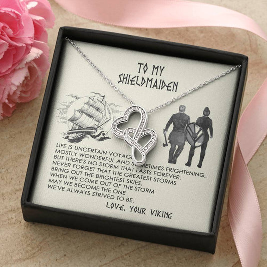 To My Viking Wife Necklace For Your Beloved Shieldmaiden - From Viking - Love Your Viking - To My Shieldmaiden Protect Double Hearts Necklace