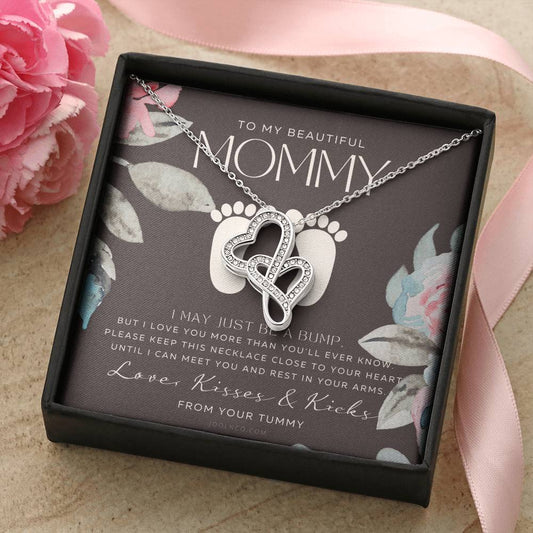 Baby Shower Gift  New Mommy Necklace  Pregnant Wife Gift  I May Just Be A Bump But I Love You  To Mummy From Bump  To  Double Hearts Necklace