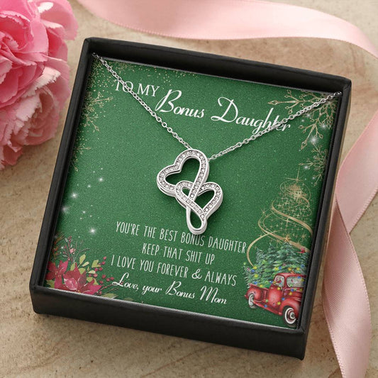To My Bonus Daughter Forever Love Necklace Christmas Gift - Bonus Daughter Double Heart Necklace - Step Daughter Gift  Double Hearts Necklace