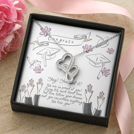 Happy Graduation Love Knot Necklace - Graduation Gift For Daughter - Graduation Necklace - Senior Class Congratulation Double Hearts Necklace