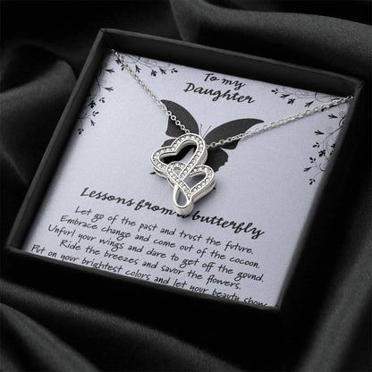 To My Daughter Lessons From A Butterfly - Blue Double Hearts Necklace