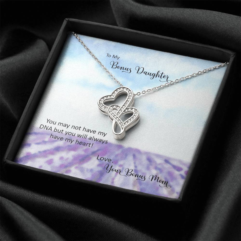 Bonus Daughter From Bonus Mom No Dna But You Have My Heart  3 Double Hearts Necklace