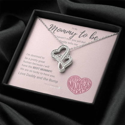 Mother's Day Mommy To Be From Daddy And Bump - 14K White Gold Finish Cubic Zirconia Necklace Double Hearts Necklace