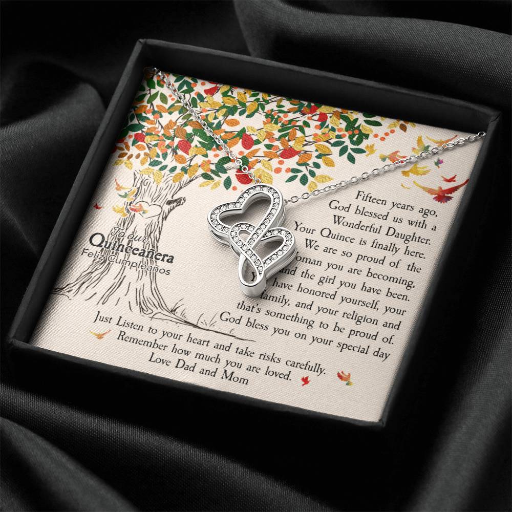 Quinceañera Feliz Cumpleaños Happy Birthday  Double Hearts Necklace
