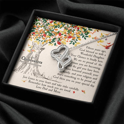 Quinceañera Feliz Cumpleaños Happy Birthday  Double Hearts Necklace