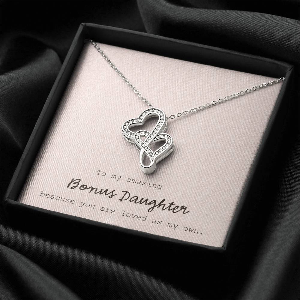 To My Amazing Bonus Daughter - Pink Double Hearts Necklace