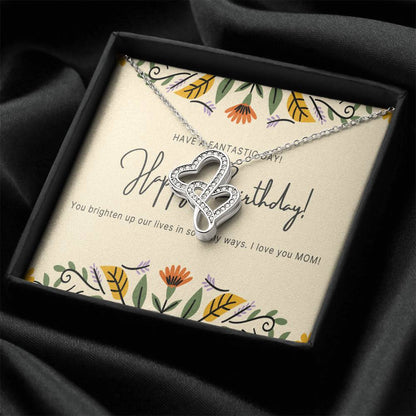 Mom Birthday Gift Mom Birthday Jewelry Mom Necklace Or Bracelet Happy Birthday Mom Message Card Quote Rose Silver Double Hearts Necklace