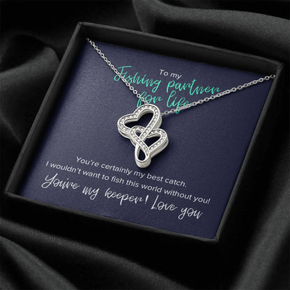 To My Fishing Partner For Life - Joined Hearts Pendant Necklace Double Hearts Necklace