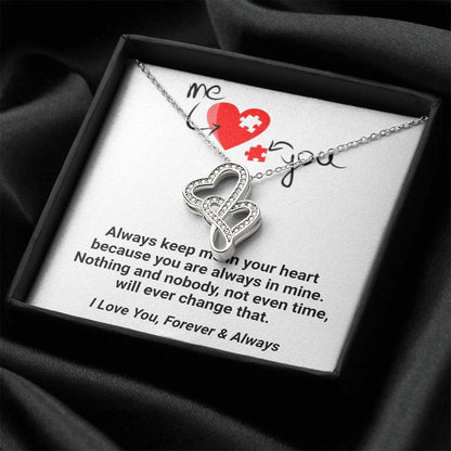 Me & You Forever & Always Double Hearts Engraved Necklace Stunning Sparkling Double Hearts Necklace