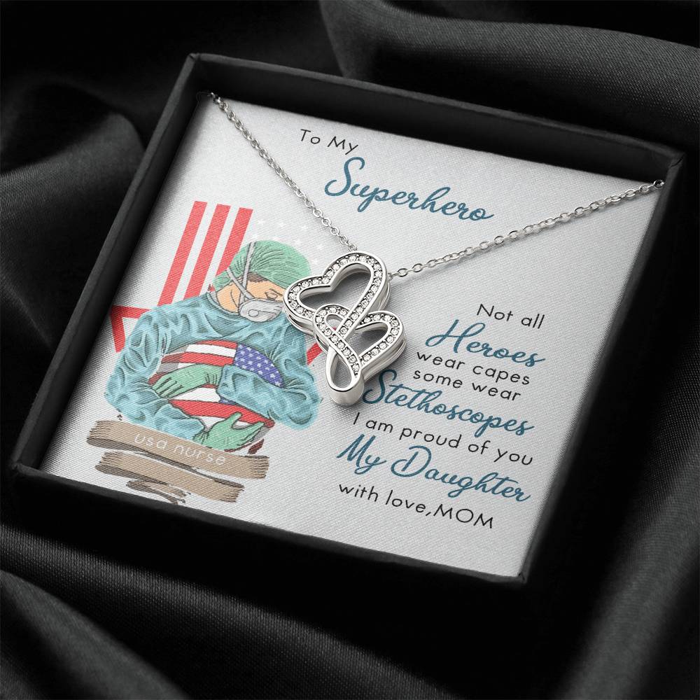 My Superhero Nurse Daughter Interlocking  Double Hearts Necklace