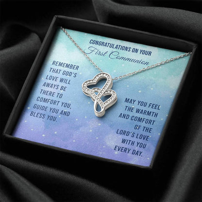 Congratulations On Your First Communion - Remember That God's Love Will Aways Be There To Comfort You Guide You And Bl Double Hearts Necklace